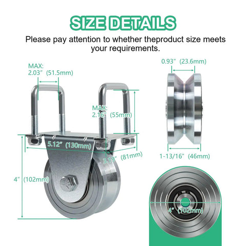 Heavy Duty 4 Inch V Groove Gate Wheel Kit Built Tough With 3000 Lbs Capacity, size diagram showing measurements and dual bearing mount