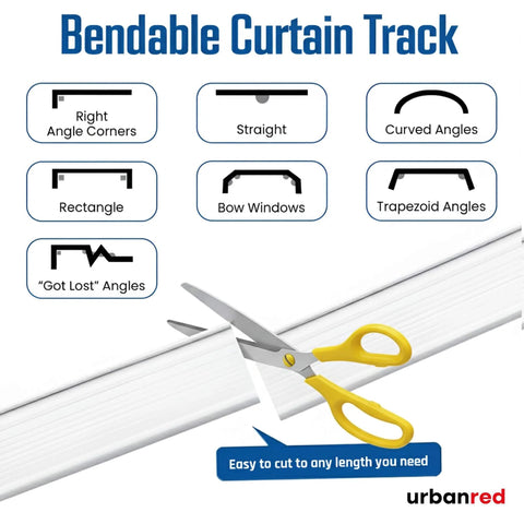 Diagram showing flexible Bendable Ceiling Curtain Track System, flexible 16.4 ft rail for rooms and RVs with various angles and scissors.