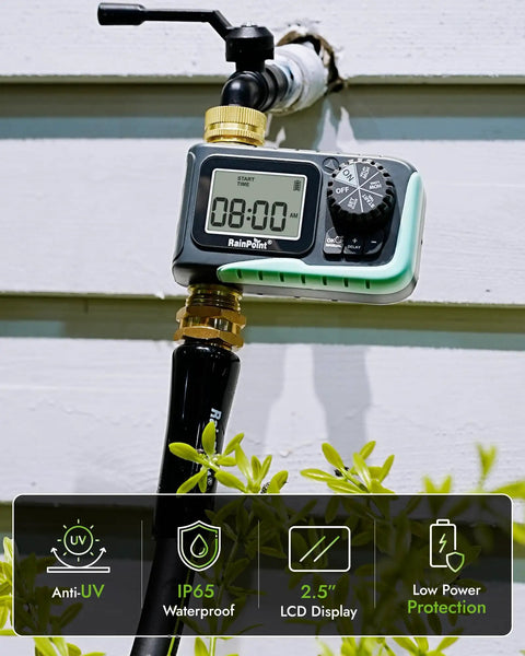 Heavy Duty Metal Garden Hose Timer With Full Flow 100 Percent Metal Pipe for Durable Outdoor Watering against white wall