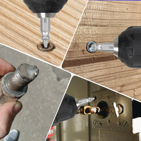 Damaged Screw Extractor Set for Stripped, Rusted, and Broken Screws and Bolts, tools shown in use on various screws and bolts.