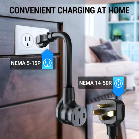 Portable Electric Car Charger For Level 1 And Level 2 EVs J1772 Compatible NEMA 5-15P and NEMA 14-50R plugs in home setting