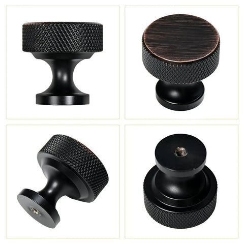Slick Knurled Grip Cabinet Knobs And Drawer Pulls Finished In Matte Black With A Heavy Duty Zinc Core Designed To Level Up Any Kitchen Or Bath Quick Screw Mount Setup Drops In Ten Solid Bundles top side and angled views.