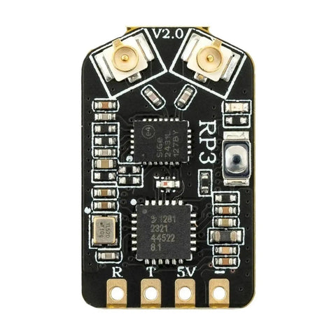 Close-up of RP3 V2 ExpressLRS 2.4GHz Nano Receiver With 250mW ISM Antenna for model aircraft, showing circuit details.