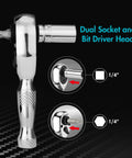 Prograde 1/4 Inch Stubby Ratchet Wrench Dual Socket Bit Driver with chrome finish and 1/4 inch drive for tight spaces.