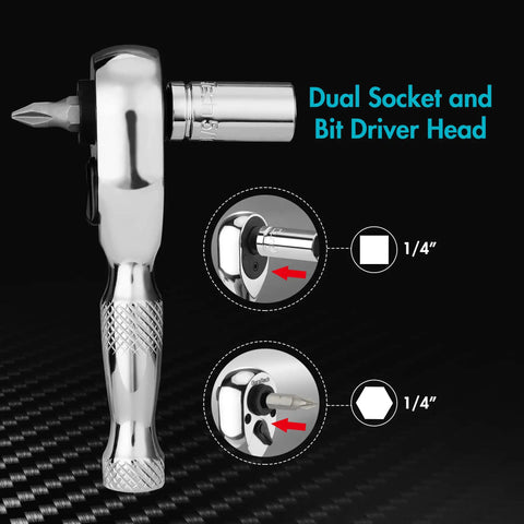 Prograde 1/4 Inch Stubby Ratchet Wrench Dual Socket Bit Driver with chrome finish and 1/4 inch drive for tight spaces.