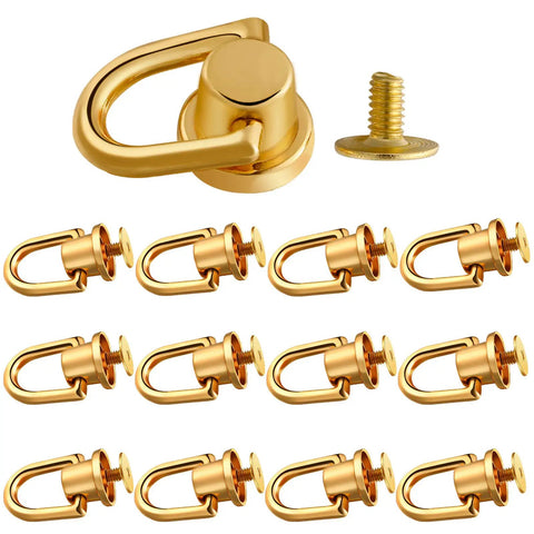 12 Pieces D Ring Stud Screws With Ball Head Buttons For Purses And Leather DIY Projects, Rotatable Ball D Ring Hardware, Gold