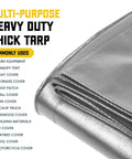 Ultra Tough 20 Mil Tarp Cover folded, showcasing silver color and reinforced edges for multi-purpose use.
