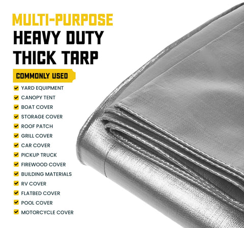 Ultra Tough 20 Mil Tarp Cover folded, showcasing silver color and reinforced edges for multi-purpose use.