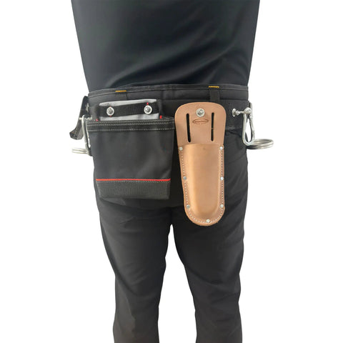 Back view of Beefy Heavy Duty Scaffold Tool Belt for Carpenters with nail bag, three pouches, hammer holder, adjustable waist fit.