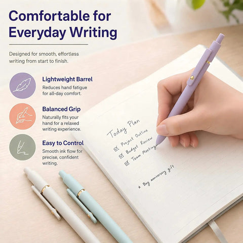 Person writing in notebook with 7 Pack Gel Pens 0.5mm Quick Dry Black Ink For Smooth Writing Retractable Ballpoint Pens Office And School Supplies Must Have Premium Morandi Style Set For Notes Journaling And Everyday Use