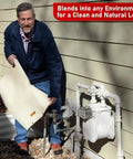 Man installing Cold Snap Backflow Preventer Insulation Cover For Outdoor Winter Protection 36 Inch Wide By 30 Inch High Beige Water Meter And Well Pump Cover Keeps Pipes From Freezing Heavy Duty Sprinkler Cover next to house pipes.
