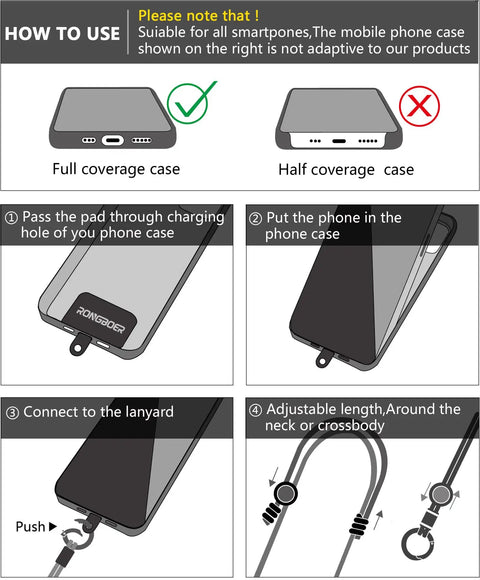 Instructions for using Top Shelf Adjustable Cell Phone Lanyard With Comfy Neck And Wrist Strap for smartphones.