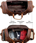 32 Inch Vintage Duffel Bag With Old School Look And Modern Touch Handmade Full Grain Buffalo Leather Carry On Fits Under Seat Premium Leather Gym Overnight Luggage With YKK Zippers Dual Side Pockets And Internal Pocket Made In USA showing open top view with interior zipper pocket, phone pouch, and side zipper pocket