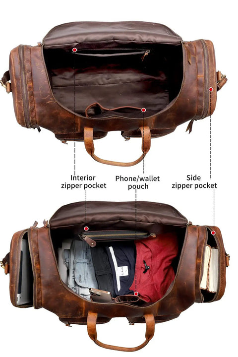 32 Inch Vintage Duffel Bag With Old School Look And Modern Touch Handmade Full Grain Buffalo Leather Carry On Fits Under Seat Premium Leather Gym Overnight Luggage With YKK Zippers Dual Side Pockets And Internal Pocket Made In USA showing open top view with interior zipper pocket, phone pouch, and side zipper pocket
