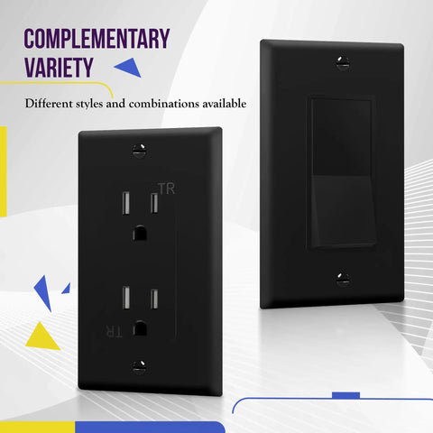 Decorator Light Switch Or Receptacle Wall Plate Gloss Finish Black 1-Gang 4.50 By 2.76 Inches Polycarbonate Thermoplastic Tough As Nails Durable Heavy Duty Impact Resistant Heat And Fade Resistant 8831-BK shown next to wall switches with text 'Complementary Variety'