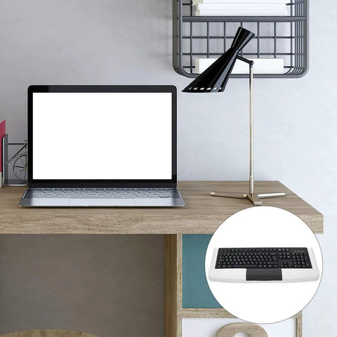Premium Under Desk Keyboard Tray With Dead Simple Pull Out Shelf And Swivel Mouse Dock Plus Quick Grab Pen Pocket For Zero Hassle Clutter Free Home Office Setup displayed under a laptop on a wooden desk.