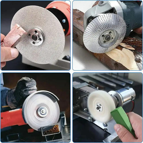Drill To Angle Grinder Adapter Kit with 6mm and 10mm arbors in action, grinding and polishing various materials.