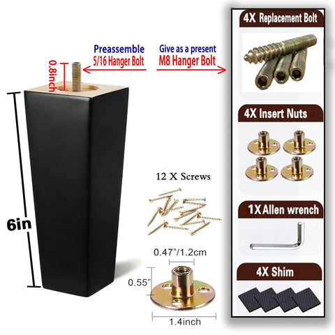 Beefy 6 Inch Black Wood Furniture Legs Pack Of 4 for Sofas, includes bolts, screws, nuts, and wrench.