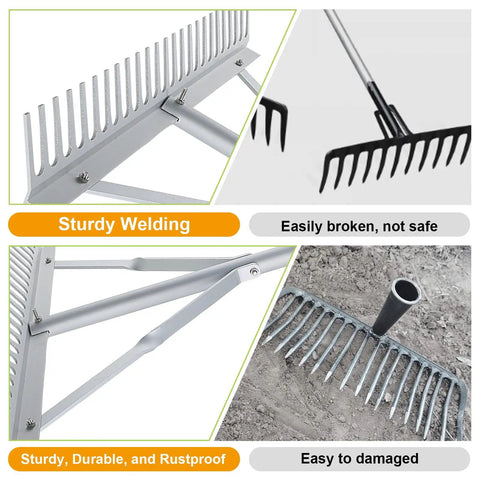 24 Inch Aluminum Landscape Rake Heavy Duty Garden Tool For Lawns And Soil Loosening Rustproof With Adjustable 3 Section Handle Ideal For Lawn Care Landscaping Garden Renovation Lake And Beach Cleanup, shown in comparison images highlighting sturdy welding and durability against damage.