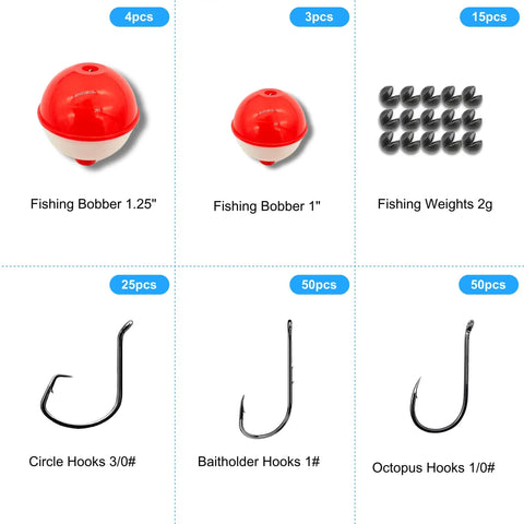 All In One 147Piece Fishing Tackle Kit With Circle Hooks Octopus And Baitholder Hooks Bobbers And Sinkers For Bass Trout Catfish Panfish