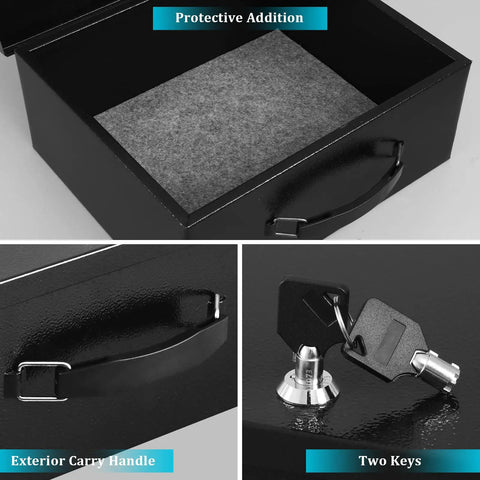 Open Boss-Grade Portable Safe Box with key lock, fire-resistant, black, 13.2 x 11 x 5.1 inches, shown with exterior handle and keys.