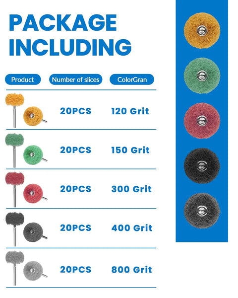 Pro Grade 100 Piece 1 Inch Alumina Buffing Wheel Set For Dremel Rotary Tools, 20 pieces each of 120, 150, 300, 400, 800 grit.
