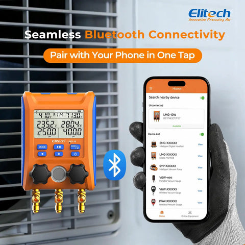 Wireless HVAC Manifold With Data Logging, Affordable Pro Tool For Pressure Hold Tests And Vacuum Leak Detection, Real Time Readouts, Easy To Use, Built For Professional Techs; Bluetooth phone app