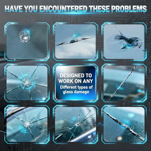 Windshield Chip Repair Kit For Cars image showing various types of car windshield chips and cracks before repair.
