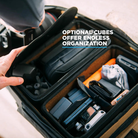 Inner view of Camera Pack 25L With Ladder And Two Small Camera Cubes For DSLR Gear, organized compartments visible.