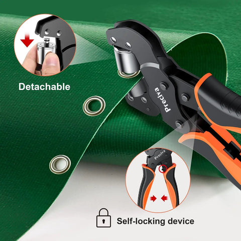 Heavy Duty Pro Grade Grommet Tool Kit Three Eighths Inch With Detachable Head Eyelet Pliers Set in action on green tarp