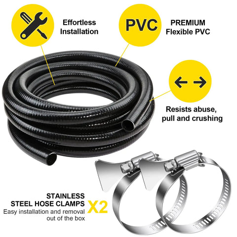 2 Inch Flexible Black PVC Pipe 25 Ft Pool Hose for Spa Tubing Koi Ponds And Water Gardens With 2 Stainless Steel Clamps Heavy Duty Corrosion Resistant Easy Flex Irrigation Tubing For Wet Yard Projects, showing coiled pipe and clamps.