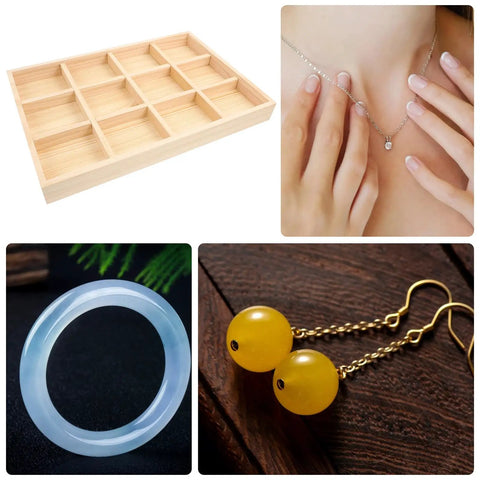 Solid Wood Jewelry Organizer Tray With Twelve Grid Compartments For Rings And Necklaces Vintage Decorative Vanity Holder.