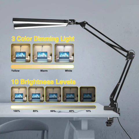 Two In One LED Desk Lamp With Dual Heads And Clamp Or Base Mount, 30 Inch Swing Arm demonstrating color temperatures and dimming levels