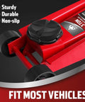 Red hydraulic floor jack with Universal Large Floor Jack Rubber Pads Set For Pinch Welds And Side Frame Rails installed.