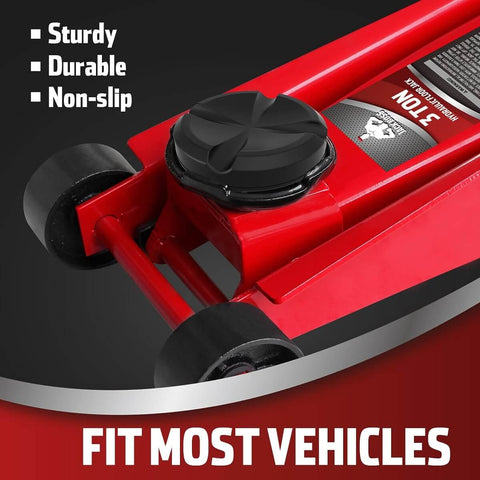 Red hydraulic floor jack with Universal Large Floor Jack Rubber Pads Set For Pinch Welds And Side Frame Rails installed.