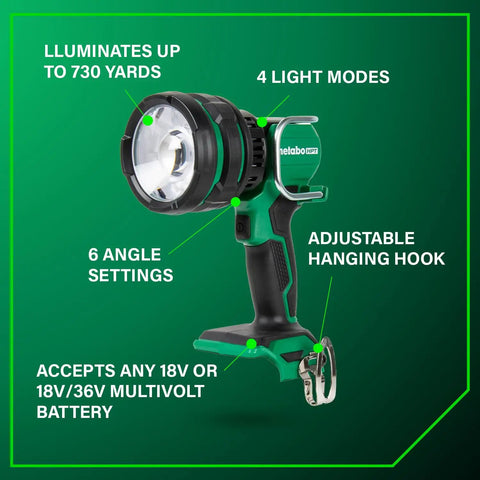 18V MultiVolt Cordless LED Torch Flashlight With 7 Position Adjustable Head And 5 Position Up Down Tilt Four Brightness Modes Tool Only No Battery UB18DJL No Brainer Light For Any Job in green with 4 light modes and adjustable hook