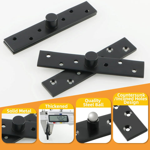 Heavy Duty 6 Inch Pivot Hinge With 360 Degree Rotation Concealing Up Down Shaft Middle Core Stainless Steel Black Finish Door Hinge 2 Pack Ideal For Interior And Exterior Doors Built To Last, shown in close-up view highlighting solid metal and countersunk holes.