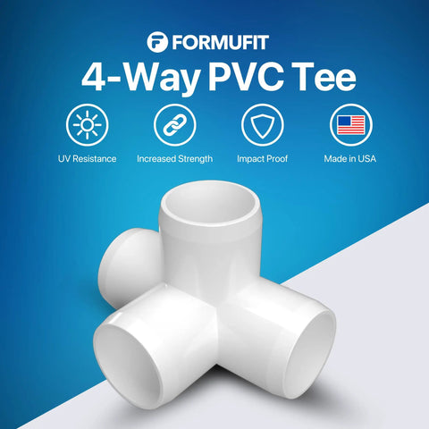 3/4 Inch 4-Way PVC Tee Fitting, Furniture Grade, White, Made In USA, UV Resistant, Impact Proof, shown with features