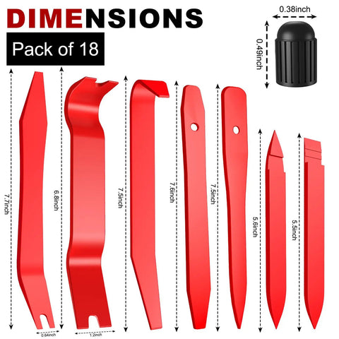 No Fuss 18 Piece Auto Trim Removal Kit With Non Scratch Plastic Pry Tools And Heavy Duty Clip Pliers Plus Eight Sturdy Tire Valve Caps, showing dimensions of red pry tools.
