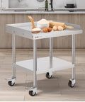 Stainless Steel Work Table 24 x 28 x 30 Inch With Four Casters And Three Sided Backsplash, Heavy Duty Prep Station For Restaurant Kitchen Or Home Use, Rust Resistant And Easy To Clean Surface set in kitchen