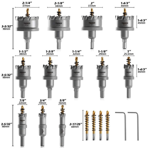 MarsBase 16-piece tungsten carbide metal hole saw kit with arbors and two hex wrenches; sizes 5/8 to 2-1/4 in.