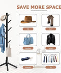 Freestanding Coat Rack With 8 Hooks And 3 Adjustable Heights holds hat, scarf, handbag, jacket, umbrella, and ties, in a durable black finish.