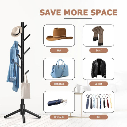 Freestanding Coat Rack With 8 Hooks And 3 Adjustable Heights holds hat, scarf, handbag, jacket, umbrella, and ties, in a durable black finish.