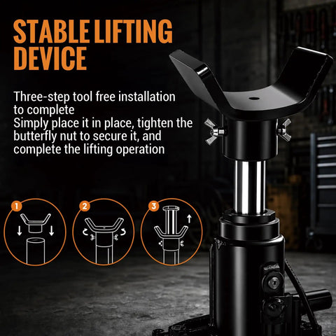 Adjustable Bottle Jack Axle Adapter For 2 To 12 Ton Jacks, Black, showing 3-step tool-free installation process