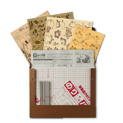 Ukiyoe Art Kit Dragonfly And Bellflower Inspired By Hokusai Made In Japan with A4 instruction manual and wood slices visible
