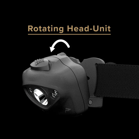 Vizz Tactical LED Headlamp 550 Lumen Power IPX7 with rotating head unit for adjustable lighting in tactical operations.