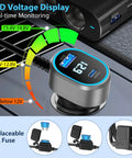 Dual Socket Cigarette Lighter Splitter Car Charger Pd 65w Usb C Port 300 Watt Outlet with LED voltage display plugged in.