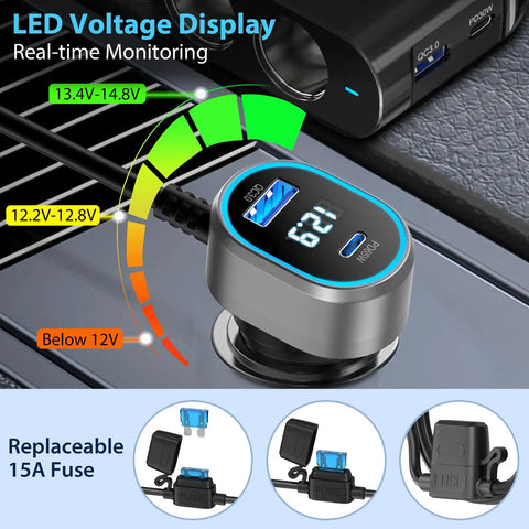 Dual Socket Cigarette Lighter Splitter Car Charger Pd 65w Usb C Port 300 Watt Outlet with LED voltage display plugged in.