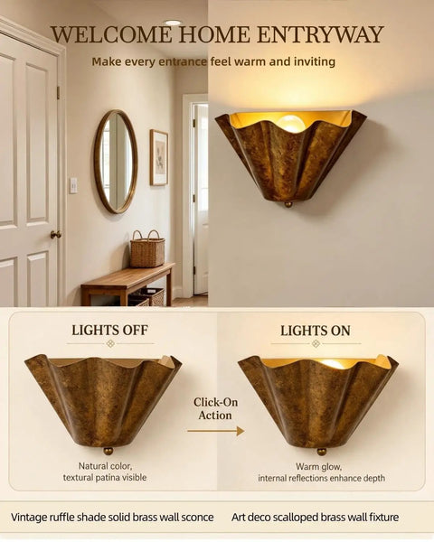 QUOLM Vintage Bronze Wall Sconce, Scalloped Uplight Wall Lamp, E26, showing light on and off in an entryway.