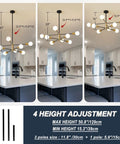 Dope Black And Gold Sputnik Chandelier 8 Light Modern Ceiling Fixture With Height Adjustable Rods in kitchen setting, 3 height options shown.